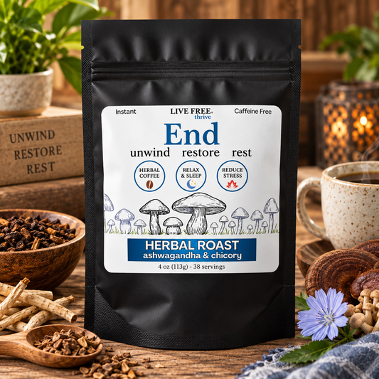 End - Ashwagandha Herbal Coffee - caffeine free - 4 oz - instant powder -