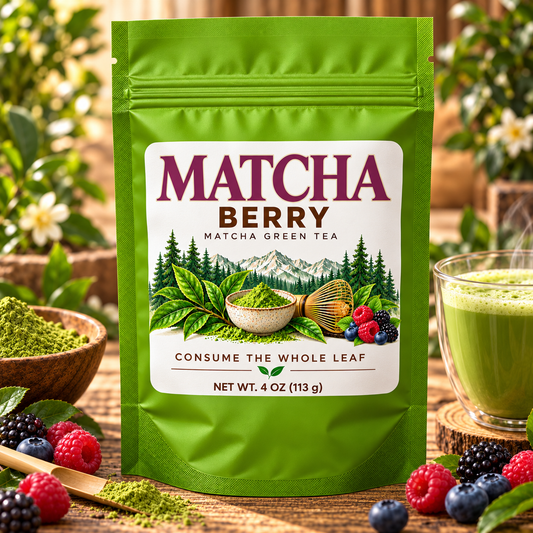 Berry Matcha in a green 4 oz pouch