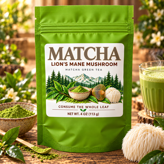 Lion’s Mane Mushroom Matcha in a green 4 oz pouch