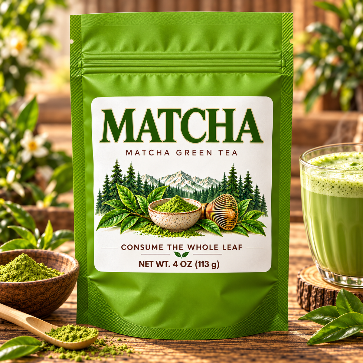 Matcha in a green 4 oz pouch