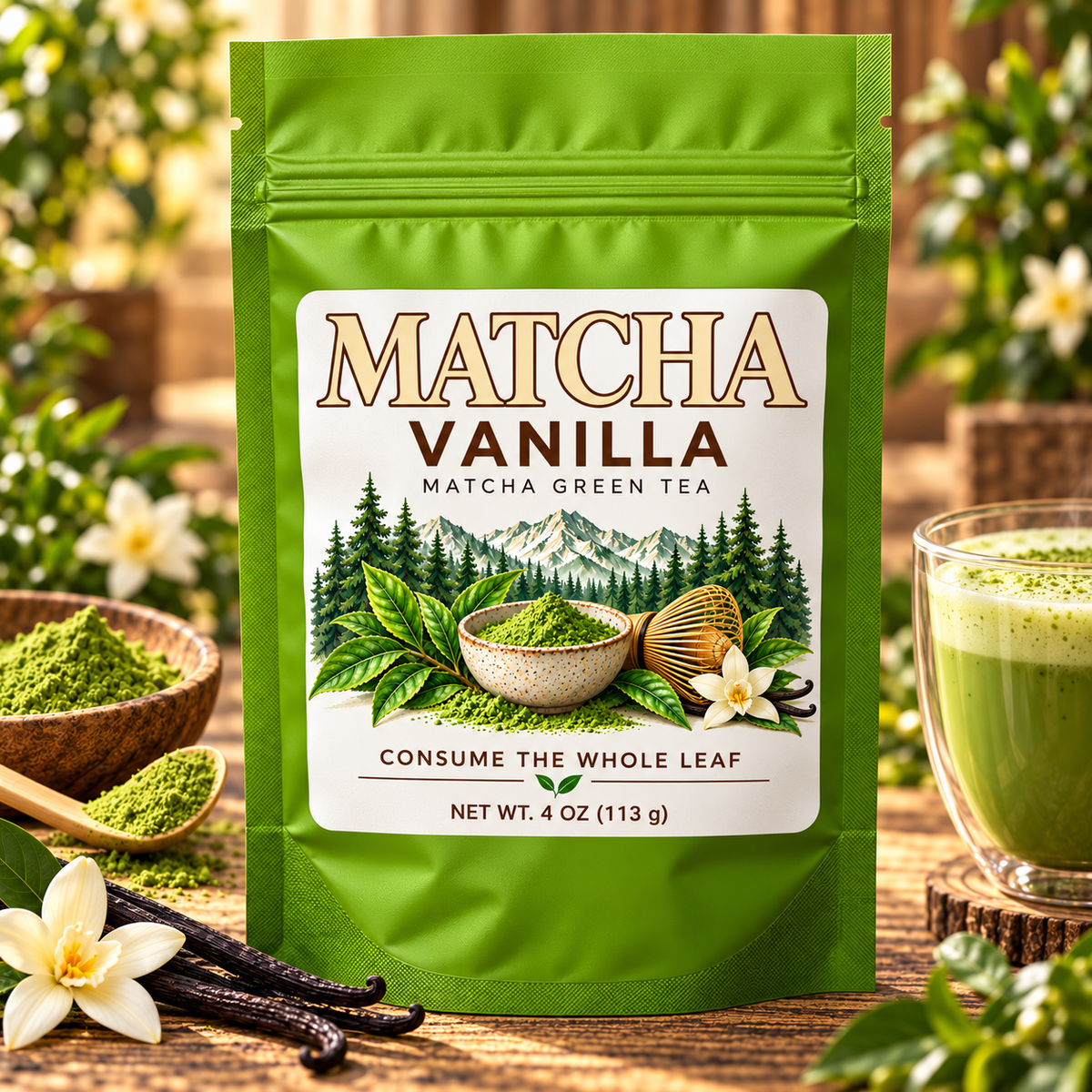 Vanilla Matcha in a green 4 oz pouch